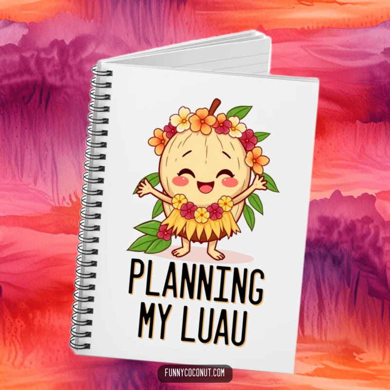 Funny coconut notebook with a happy coconut doing a hula dance, perfect for jotting down notes with a fun, tropical, and vibrant theme.