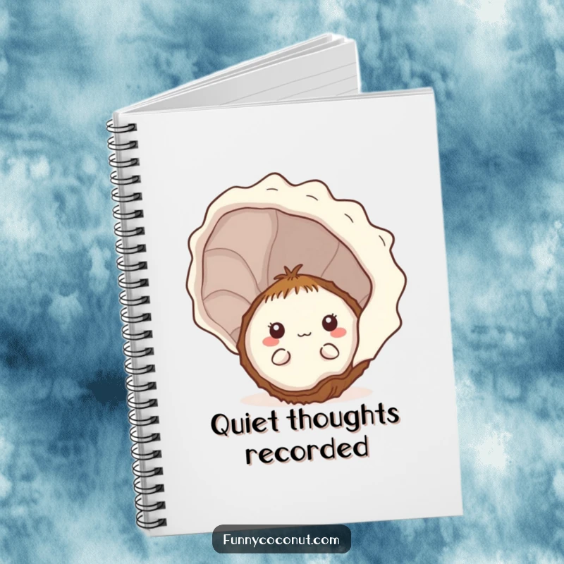 Funny shy kawaii coconut peeking from behind a seashell on a notebook cover, ideal for journaling secrets.