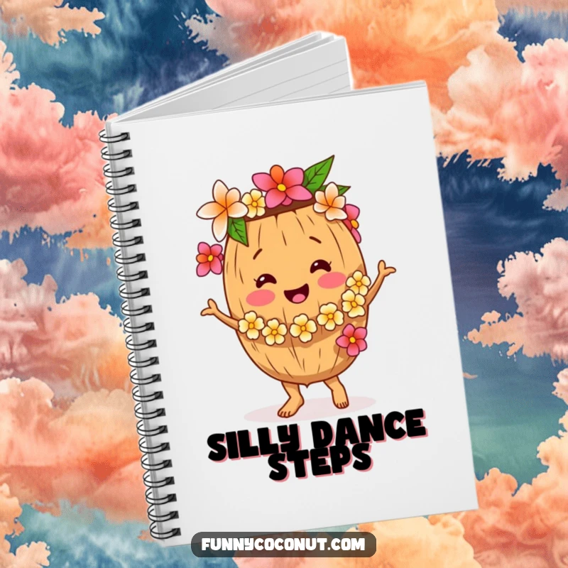 Funny Coconut Notebook, featuring a smiling coconut with a flower lei dancing, great for writing and drawing, a charming funny gift.