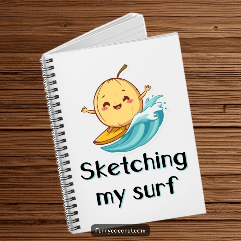 Funny notebook with a silly-grinning coconut attempting to surf on a banana peel wave, perfect for jotting ideas.