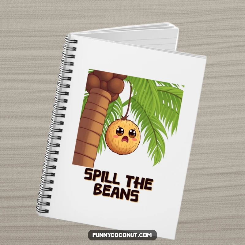 Funny coconut with wide eyes falling from a palm tree, a humorous notebook for jotting down surprising and funny ideas.