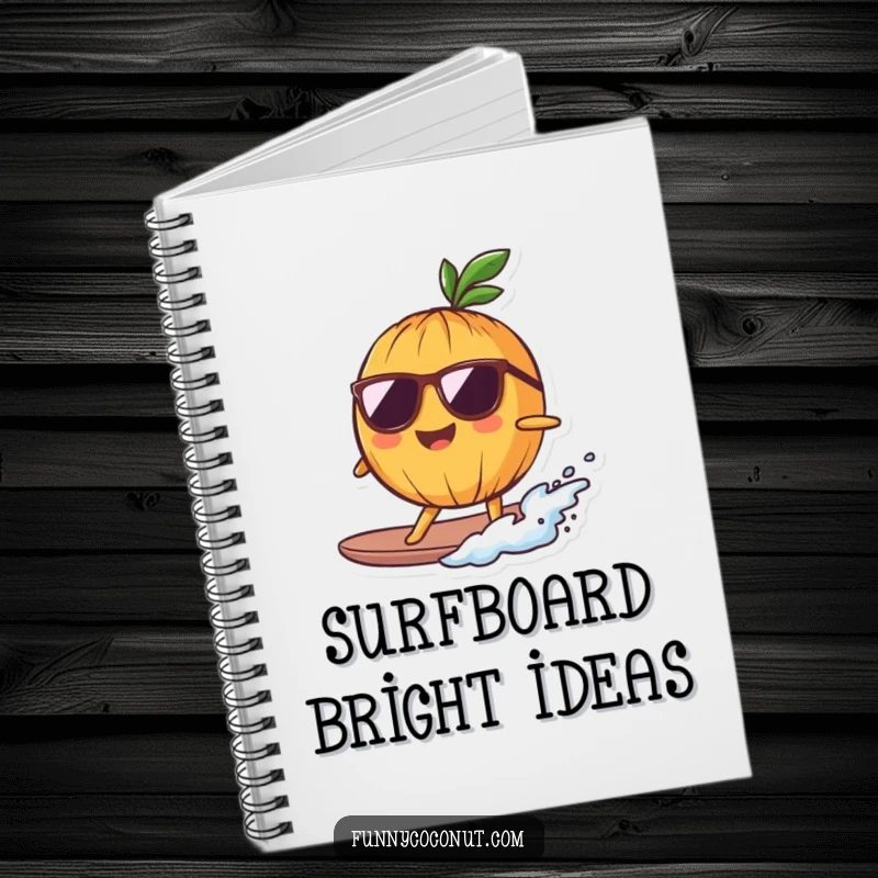 Funny Notebook with a smiling coconut character wearing sunglasses, surfing a small wave, ideal for jotting down cool ideas.