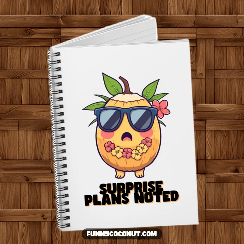 Funny notebook with a surprised coconut wearing sunglasses and a lei on the cover, ideal for jotting down vacation plans.