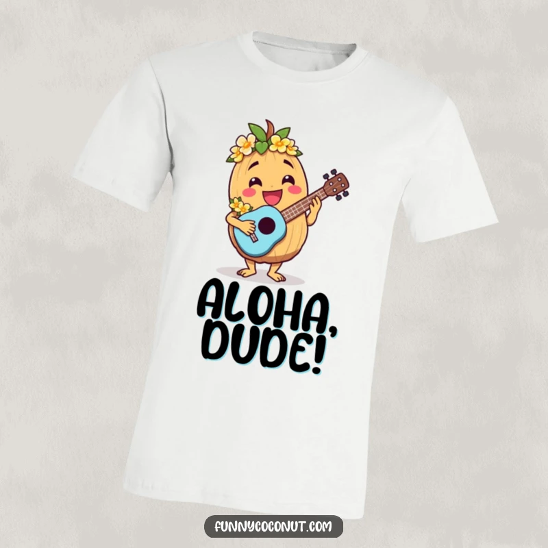 Funny t-shirt design of a jovial coconut character wearing a lei and playing a ukulele.
