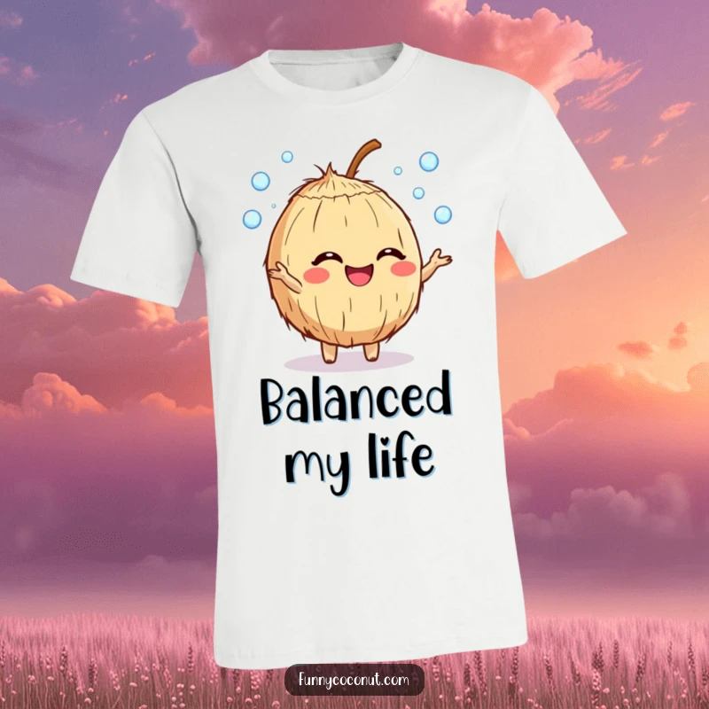 Funny giggling coconut t-shirt, skillfully juggling dewdrops with infectious glee, ideal for casual and humorous wear.