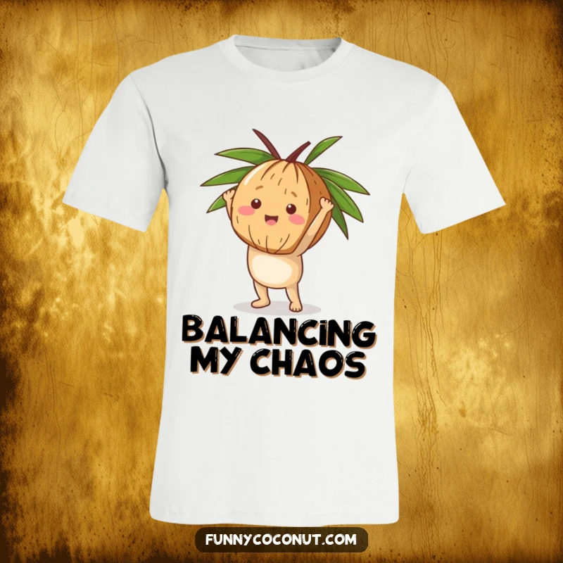 Funny Coconut Handstand T-Shirt, a happy coconut performing a handstand on its husk, showcasing strength and playful energy.
