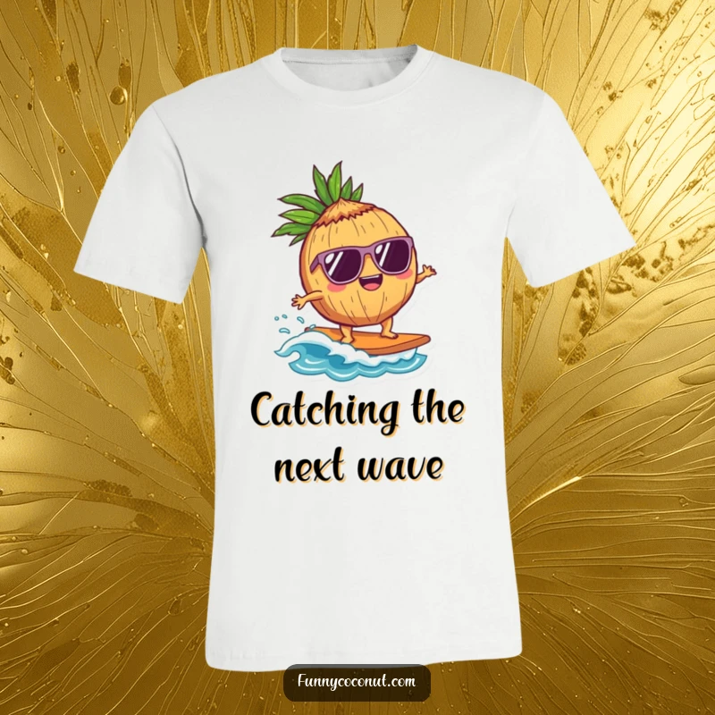 Funny Coconut Surfer T-Shirt: A delighted coconut character in sunglasses confidently surfs a small wave, exuding cool vibes and beachy fun.