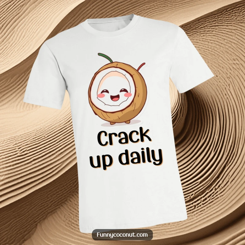 Funny t-shirt with a coconut character joyfully splitting open, mid-giggle, showcasing infectious humor.