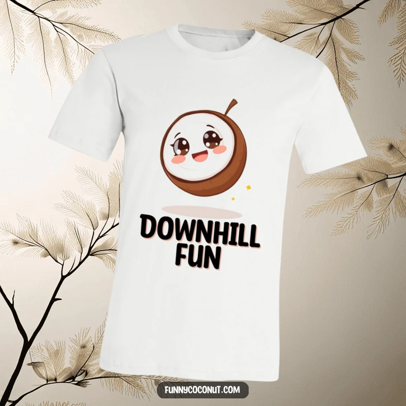 Funny coconut t-shirt, a coconut with wide eyes giggling as it rolls downhill, capturing a moment of pure, chaotic fun.