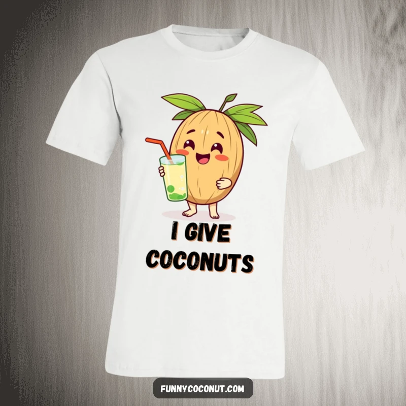 Funny t-shirt with a beaming coconut character extending a chilled beverage, symbolizing hospitality and fun.