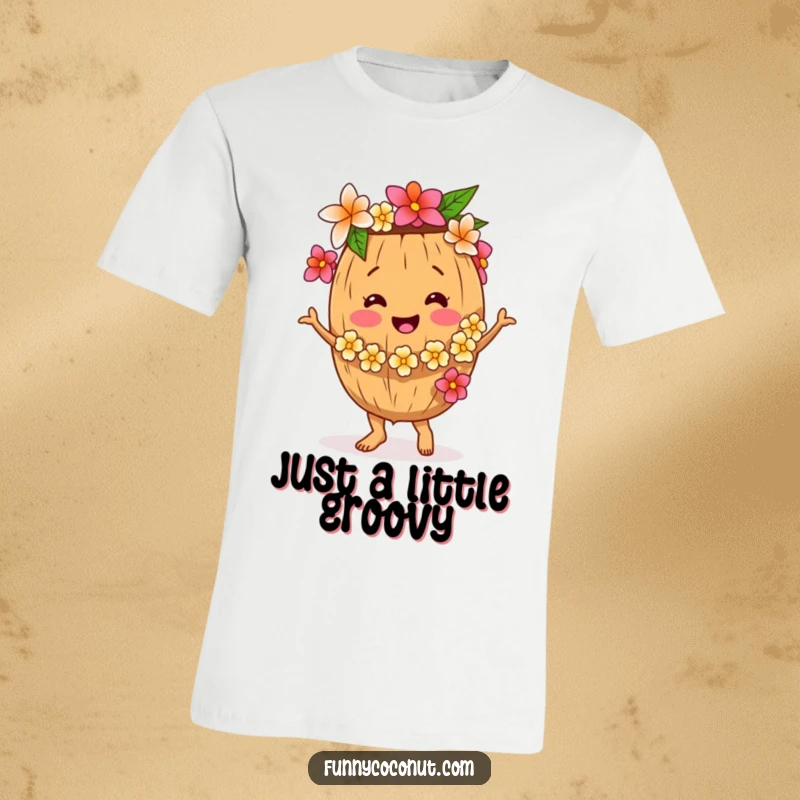 Funny Coconut T-Shirt, showing a smiling coconut character dancing with a flower lei, ideal for parties and casual wear, a great funny gift.