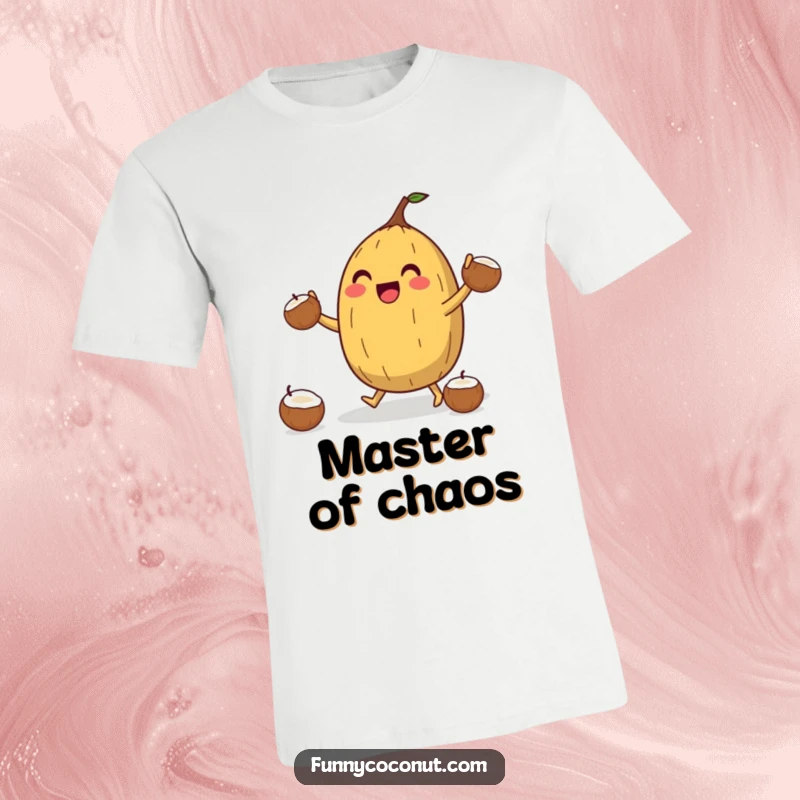 Funny Coconut Juggler T-Shirt: A jubilant coconut character happily juggles smaller coconuts, demonstrating skill and joyful determination, perfect for performers.