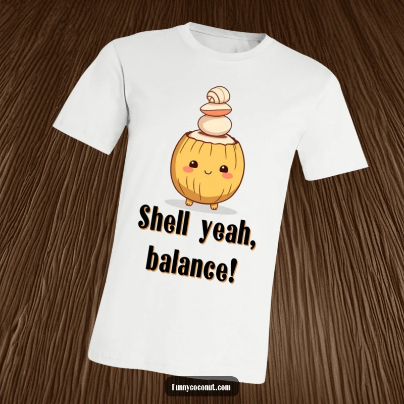 Funny t-shirt featuring a happy coconut character skillfully balancing a precarious stack of tiny seashells on its head, capturing beach fun.