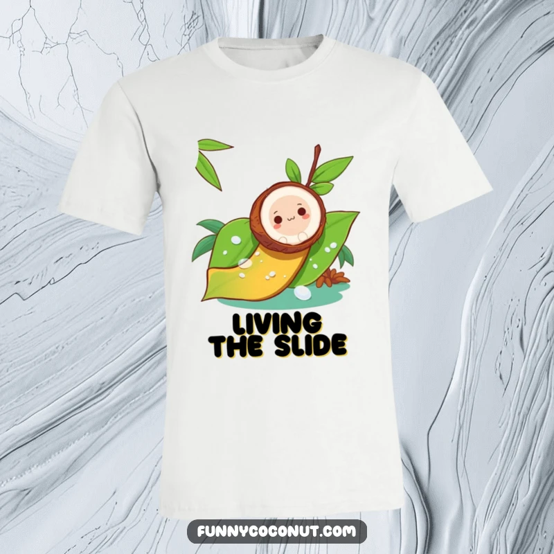 Funny T-shirt graphic of a coconut smoothly sliding down a dewy green leaf, like a fun, natural slide.
