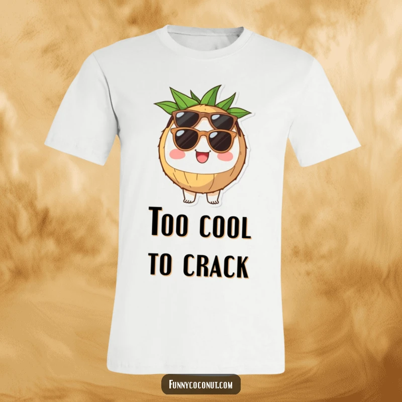 Funny coconut half t-shirt with sunglasses, radiating cheerfulness and a cool, relaxed attitude, ideal for casual wear.