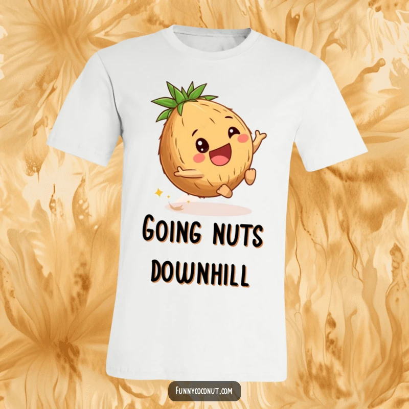 Funny young coconut t-shirt depicts a delighted coconut rolling energetically downhill, capturing the thrill and joy of a playful adventure.