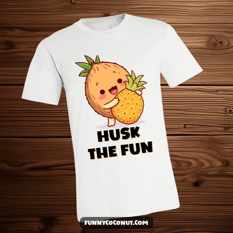 Funny coconut t-shirt depicting a coconut character playfully bopping a miniature pineapple with its husk, island style.