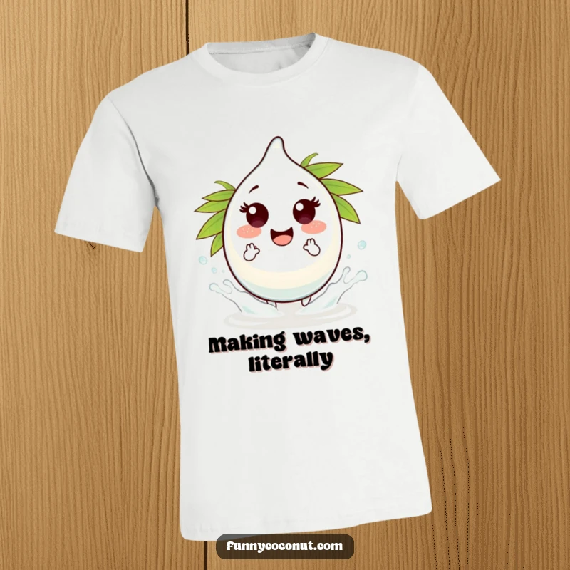 Funny coconut water droplet t-shirt, making tiny joyful splashes, perfect for casual wear and expressing a playful mood.