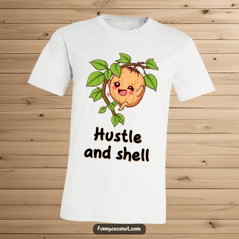Funny Determined Coconut T-Shirt: A motivated coconut character climbs a vine with great enthusiasm, embodying tropical ambition.