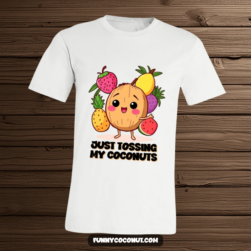Funny t-shirt featuring a gleeful coconut character in mid-air, juggling three vibrant tropical fruits with a big smile.