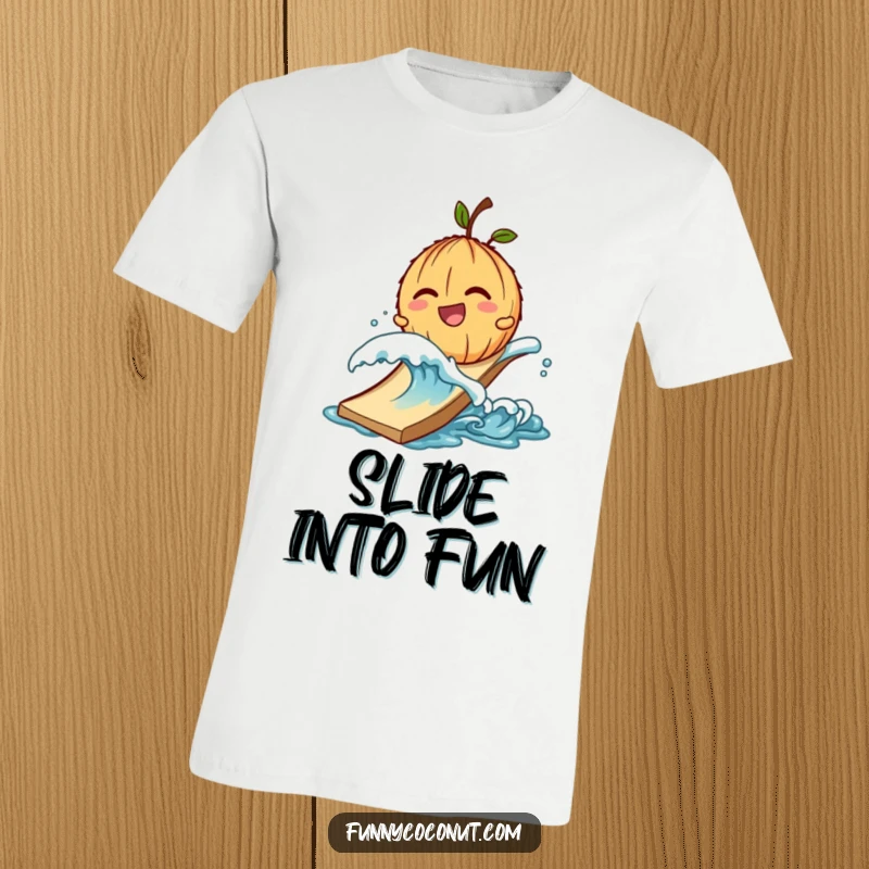 Funny t-shirt design of a giggling coconut character being pushed down a slide by a small wave.