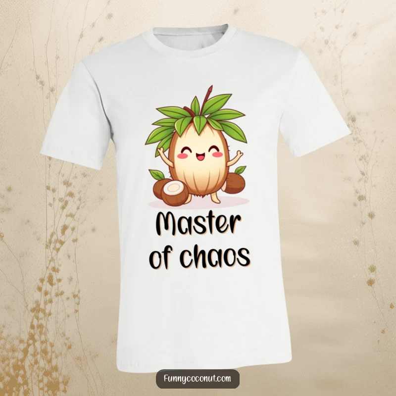 Funny coconut with a leafy crown, juggling three smaller coconuts with a cheerful expression, a talented tropical character.