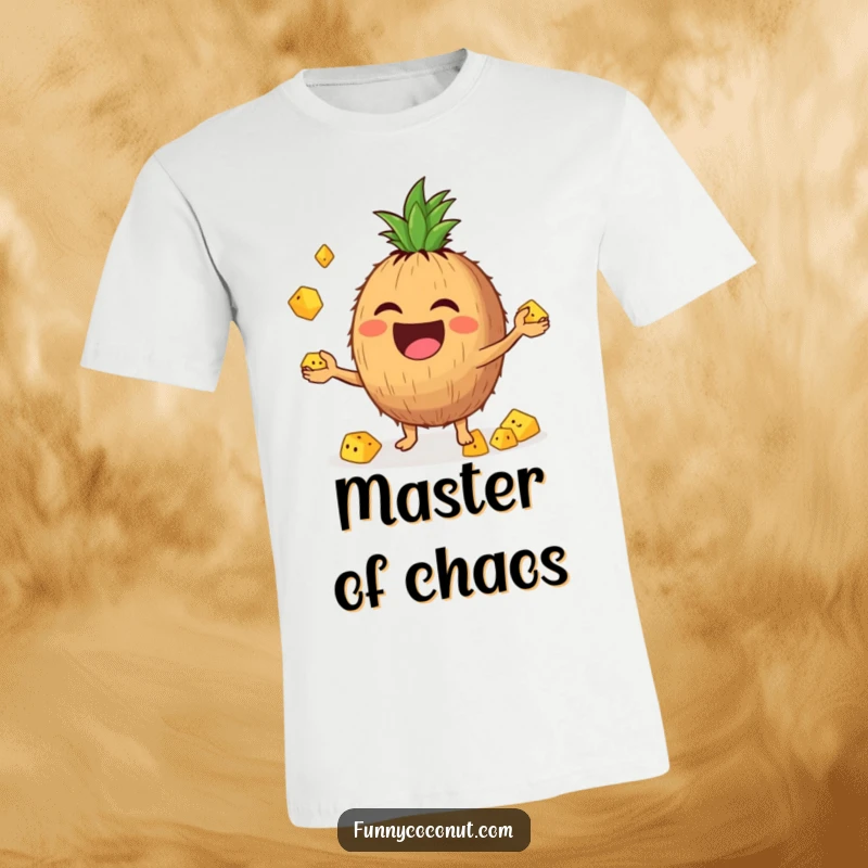 Funny T-shirt displaying a laughing coconut character in the act of enthusiastically juggling tiny pineapple pieces.