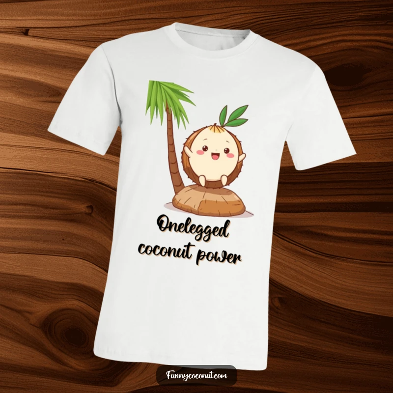 Funny Kawaii Coconut T-Shirt: a joyful character joyfully hopping on one piece of husk, showcasing a playful tropical personality.