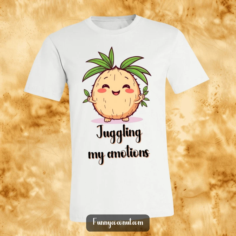 Funny kawaii coconut enthusiastically juggling miniature palm leaves, radiating joy and tropical vibes on a comfortable t-shirt.