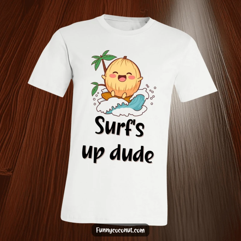Funny kawaii coconut laughing while riding a miniature wave, printed on a t-shirt, radiating pure beach happiness.