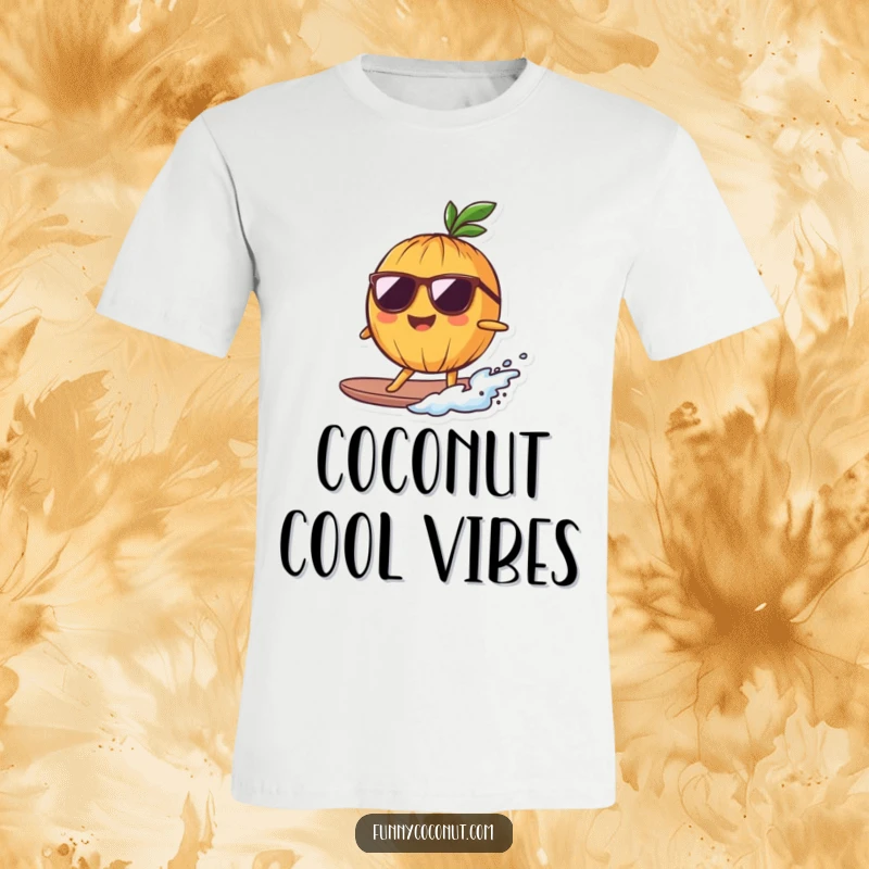 Funny T-Shirt of a smiling coconut character sporting sunglasses, riding a tiny wave with pure, cool enjoyment.