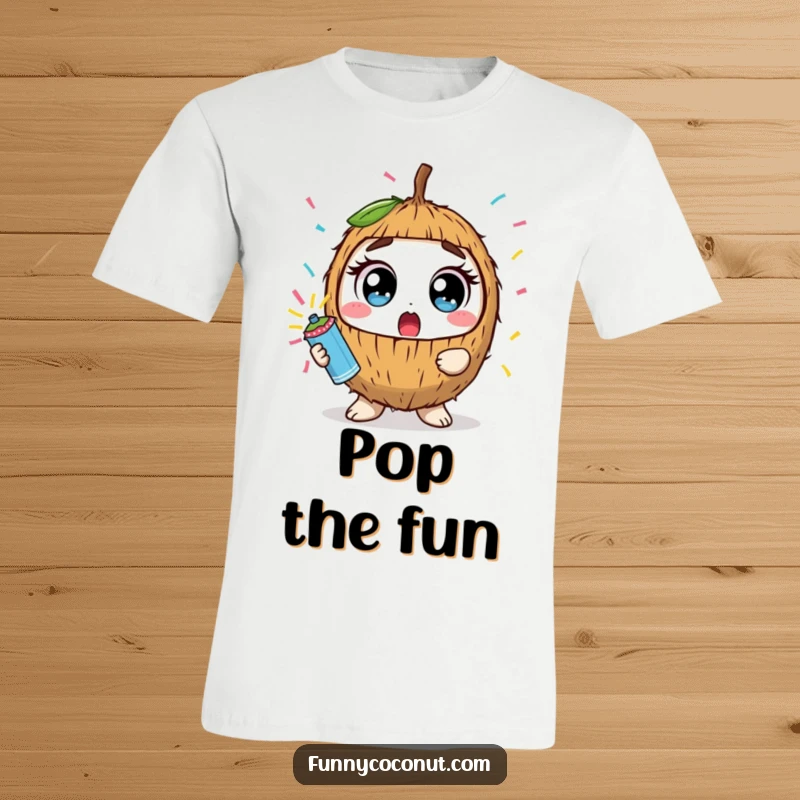 Funny kawaii coconut with wide eyes holding a confetti popper, printed on a t-shirt, expressing sudden party excitement.