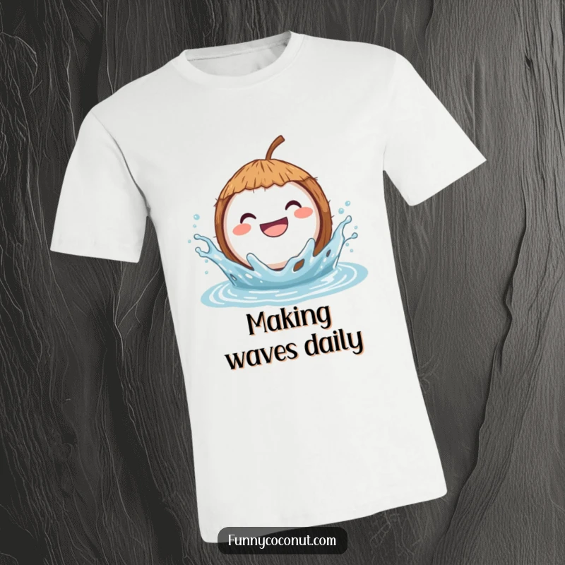 Funny t-shirt depicting a wide-grinning coconut energetically splashing in water, embodying pure joy and a love for aquatic adventures.
