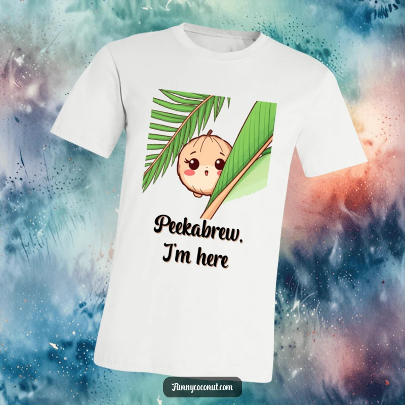 Funny t-shirt depicting a surprised coconut with wide eyes, peeking cautiously from behind a lush green palm leaf, embodying playful curiosity.