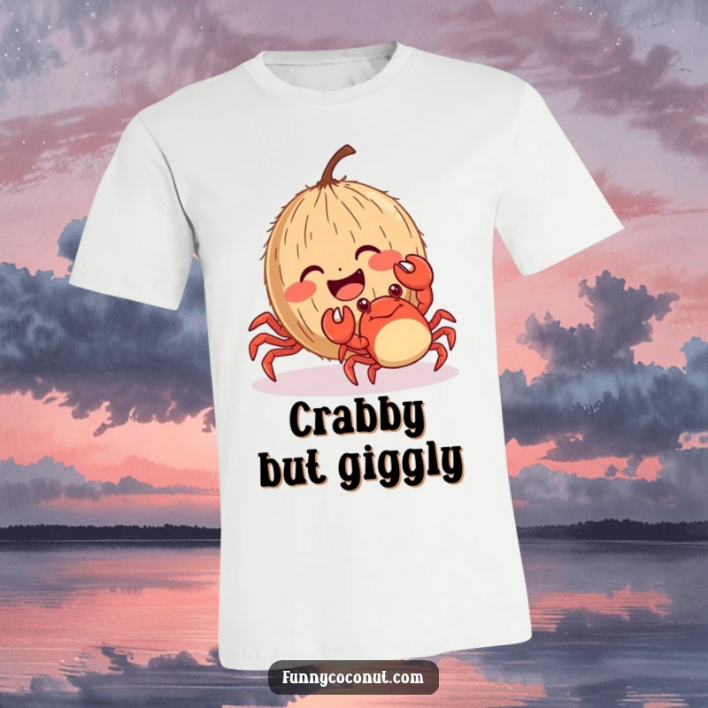 Funny coconut with rosy cheeks giggling as a crab tickles it, a cheerful and humorous beach scene.