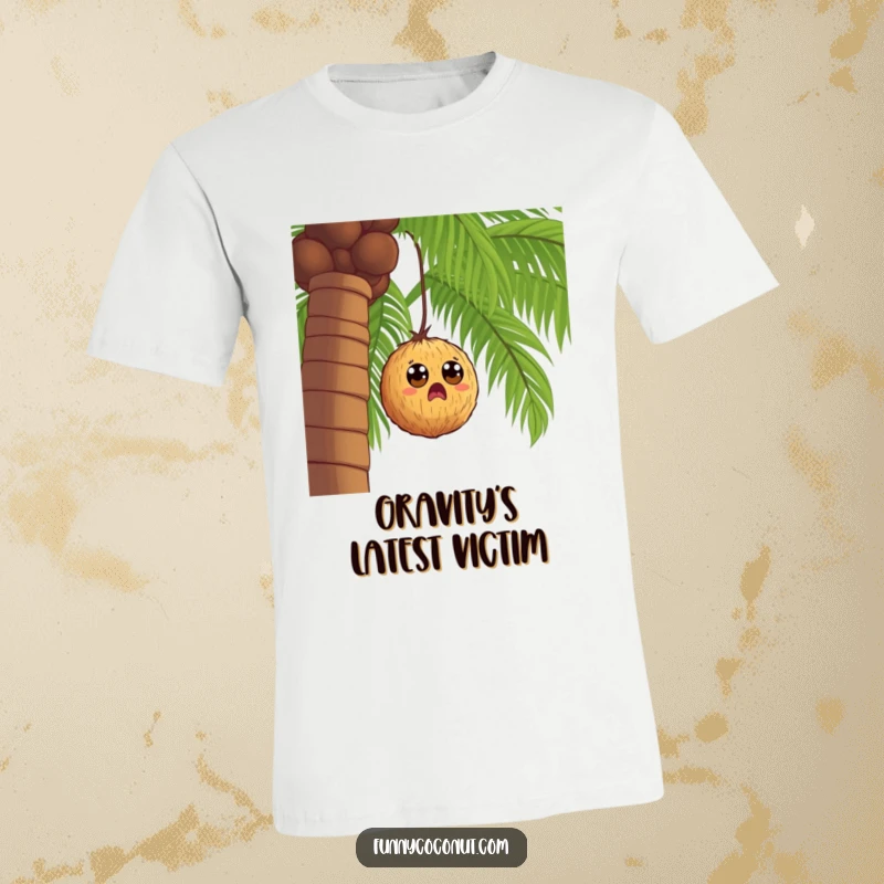 Funny surprised coconut with big eyes, falling gently from a palm tree, a comical depiction of a tropical mishap.
