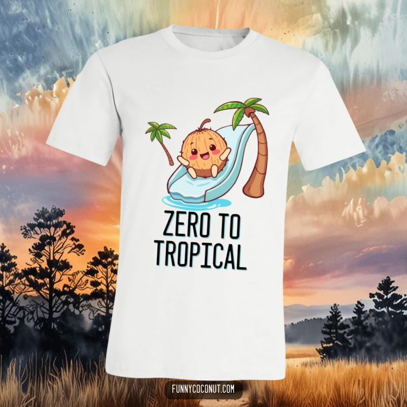 Funny T-Shirt: A cheerful coconut character with a huge grin, speeding down a bright blue waterslide, capturing the essence of summer excitement.