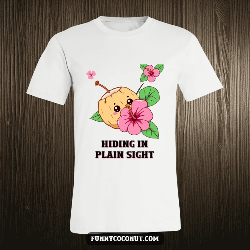 Funny Curious Coconut T-Shirt: A curious coconut character peeks from behind a hibiscus flower, hinting at tropical secrets.