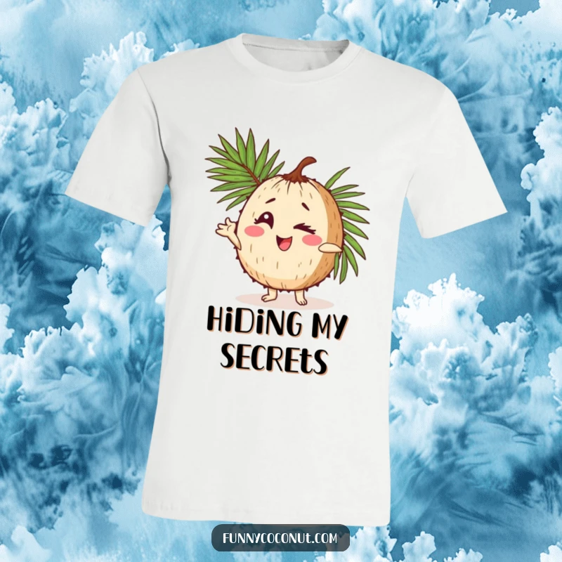 Funny t-shirt design of a coconut character winking and striking a humorous pose, complete with a tropical palm frond for extra sass.