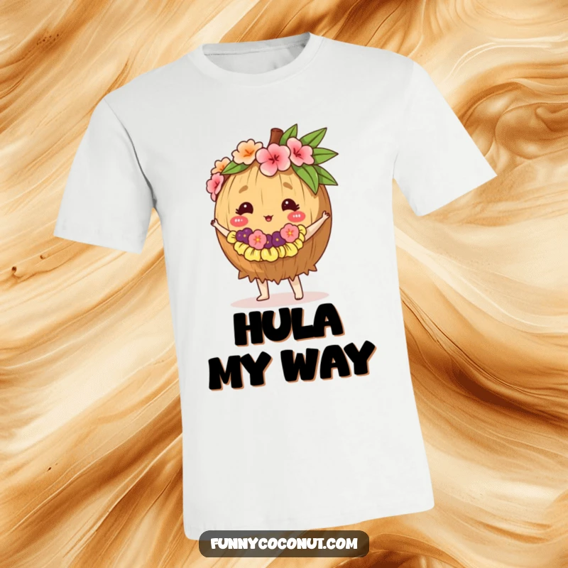 Funny T-shirt graphic of a coconut wearing a tiny lei, energetically doing a hula dance, radiating island fun.