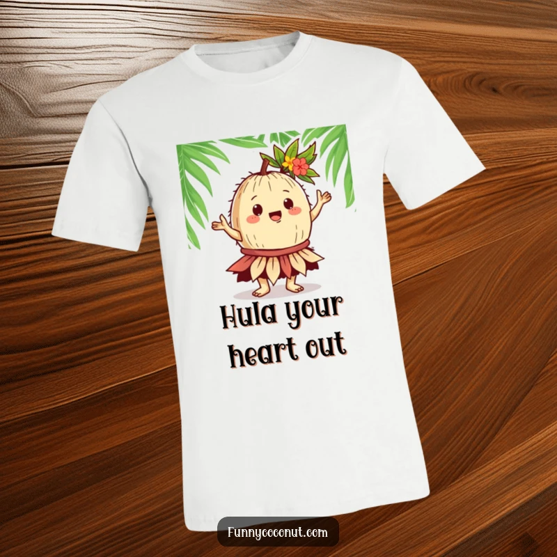 Funny Coconut Hula Dancer T-Shirt: A gregarious coconut character in a leafy skirt performs a hula dance, embodying island spirit and cheerful movement.