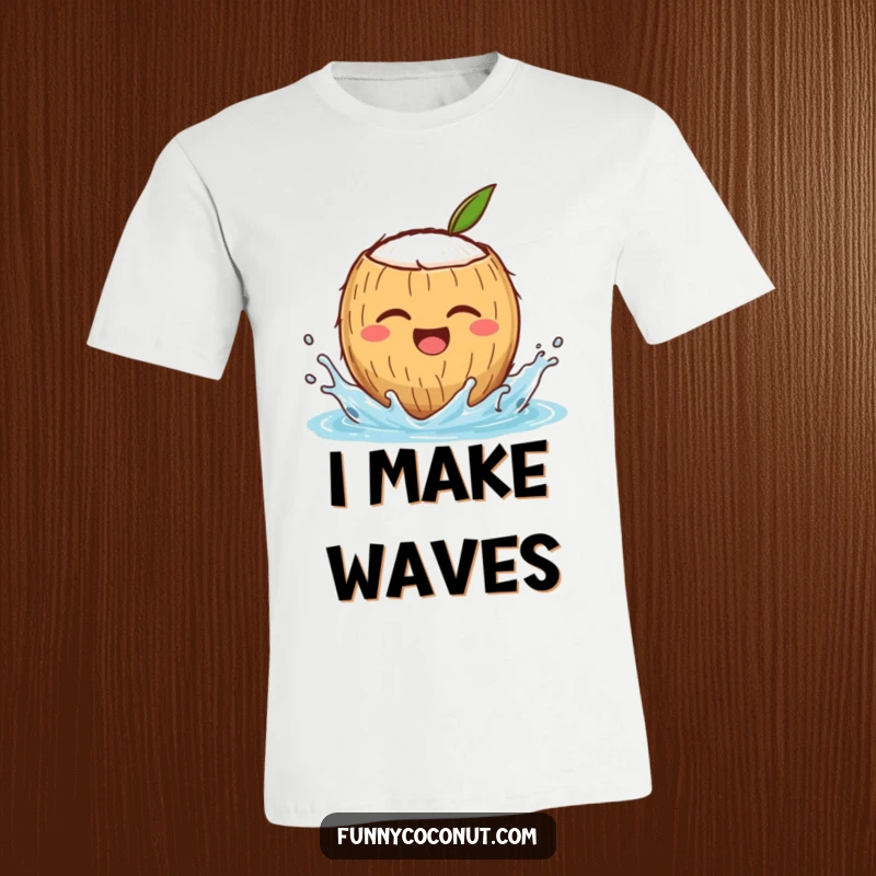Funny t-shirt showcasing a winking coconut character joyfully splashing water, ideal for beach lovers and funny gift seekers.