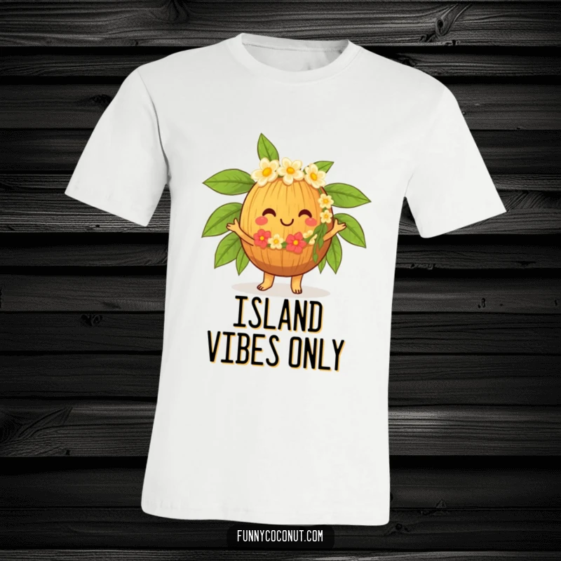 Funny Hula Coconut T-Shirt, a cheerful character in a lei, busting out some awesome hula moves with pure island joy.