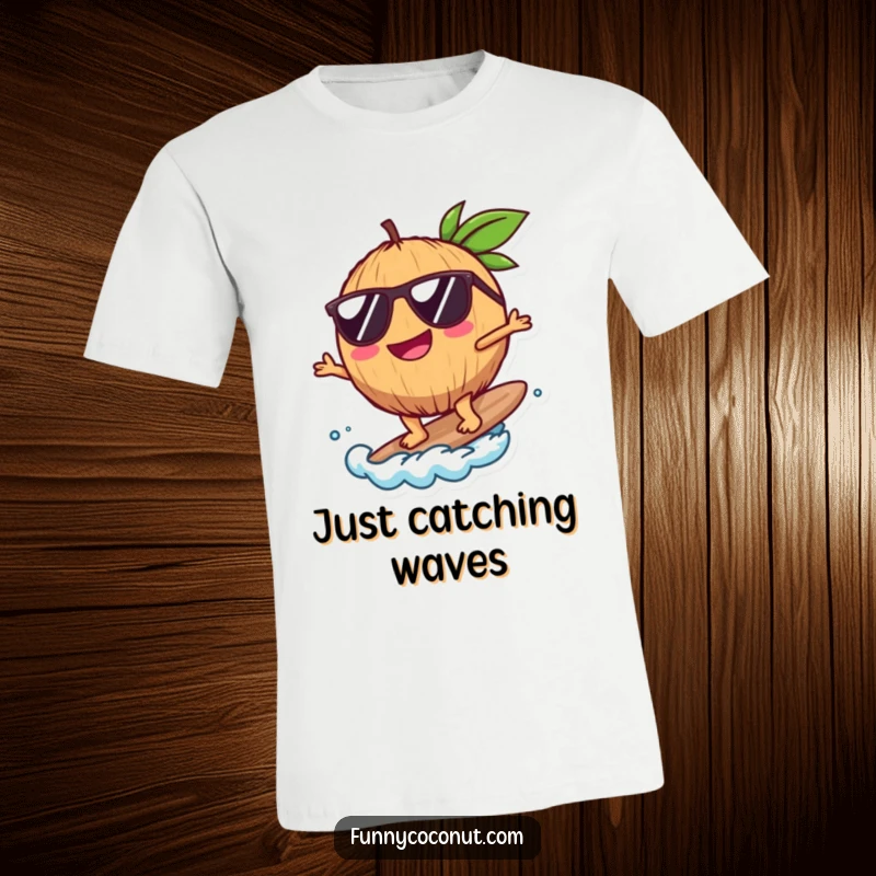 Funny Coconut T-Shirt, showing a happy coconut character with sunglasses surfing a tiny wave, ideal for beach lovers, a great funny gift.
