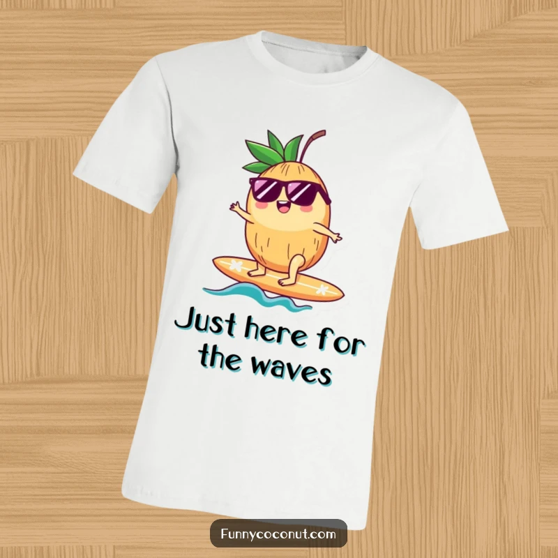 Funny t-shirt showcasing a happy coconut with sunglasses expertly surfing a wave, embodying a carefree and adventurous beach spirit.