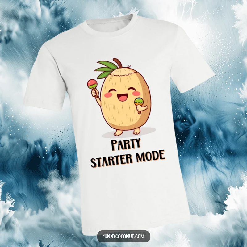 Funny t-shirt graphic of a beaming coconut character enthusiastically ringing tiny maracas, radiating pure joy and a love for music and fun.