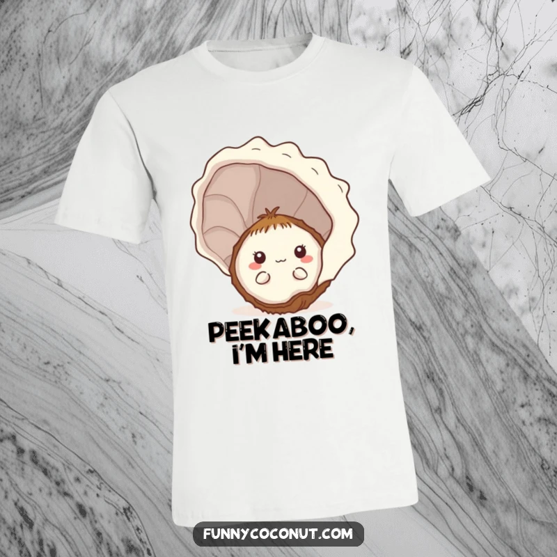 Funny shy kawaii coconut discreetly peeking from behind a large seashell on a soft t-shirt, exuding cuteness.