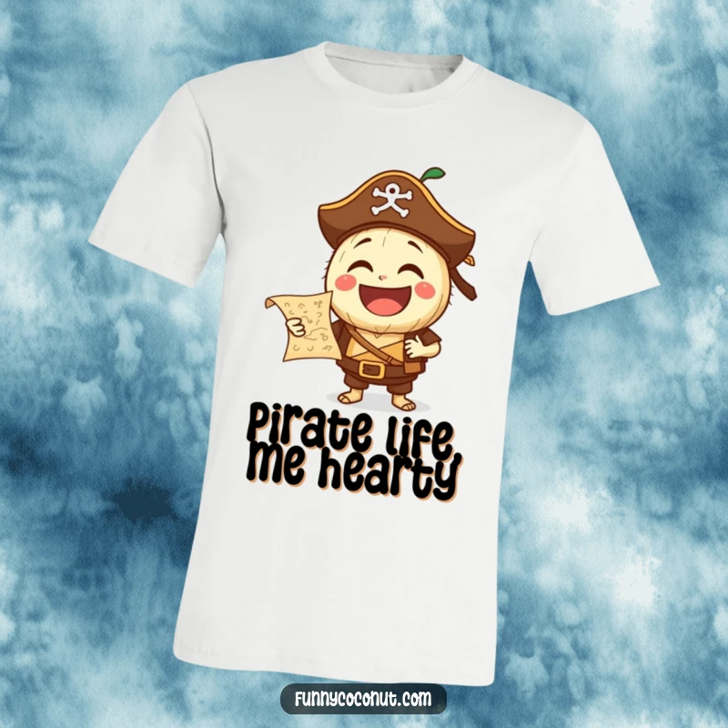 Funny Pirate Coconut T-Shirt: A laughing coconut character dressed as a pirate holds a treasure map, ready for adventure and sharing a hearty laugh.