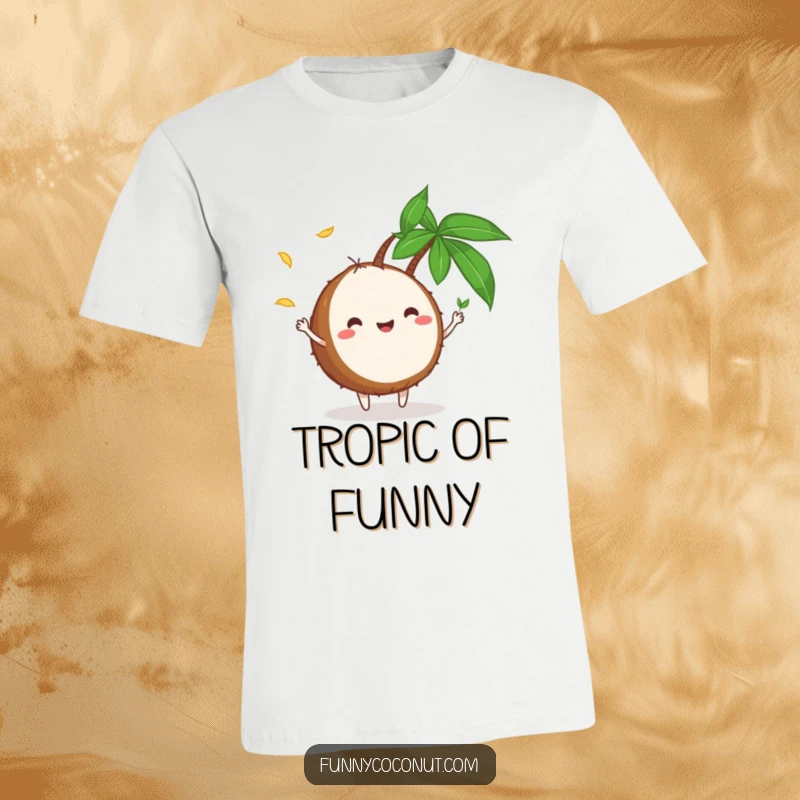 Funny T-Shirt: A happy, cartoonish coconut character skillfully juggling several small green palm leaves, conveying joy and tropical vibes.