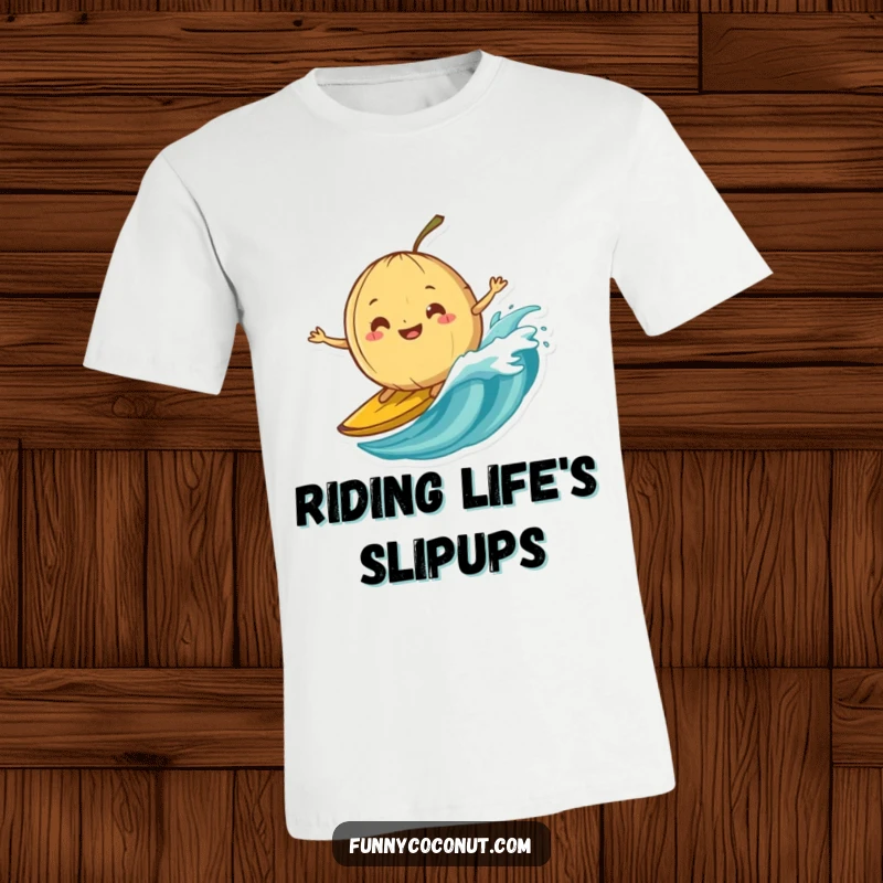Funny T-shirt depicting a silly-grinning coconut attempting to surf on a dynamically breaking banana peel wave.